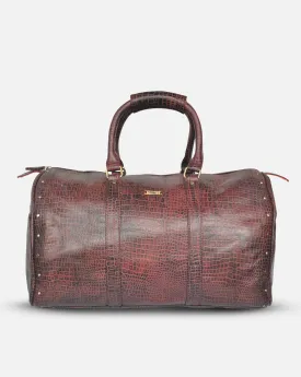 Alfred- Maroon Leather Croc Print Duffel - Luggage Bag