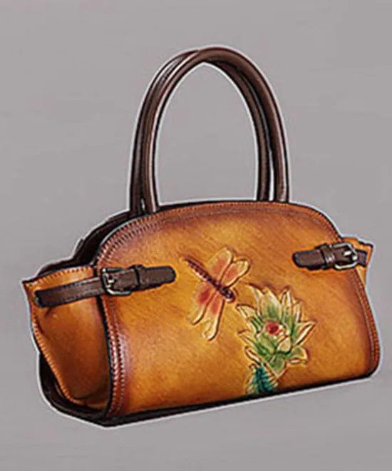 Art Yellow Floral Paitings Calf Leather Messenger Bag