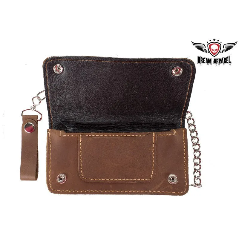 Brown Leather Bifold Chain Wallet