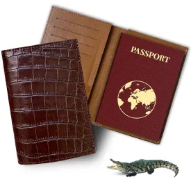 Brown Slim Alligator Leather Passport Holder Cover