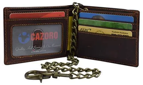 Cazoro Leather Slim Bifold Wallet with Gunmetal Metal Chain