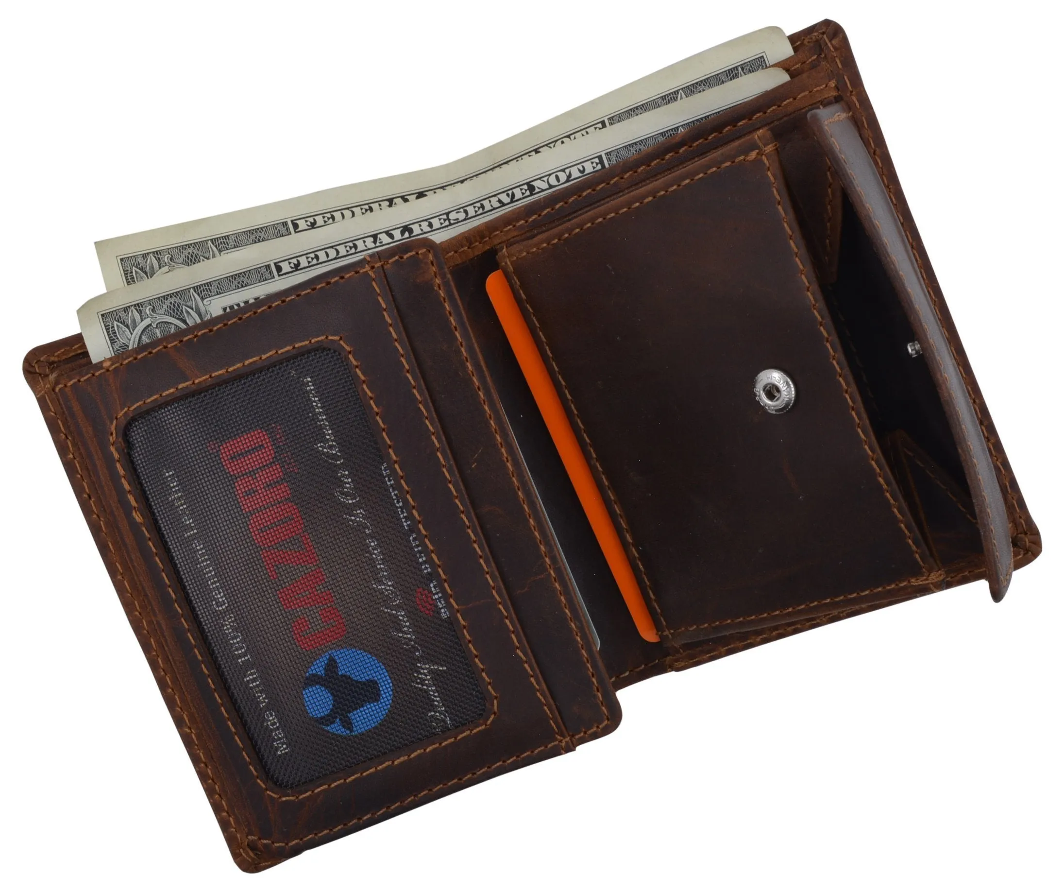 Cazoro Mens Hunter Leather RFID Bifold Trifold Card ID Wallet W/ Coin Pocket