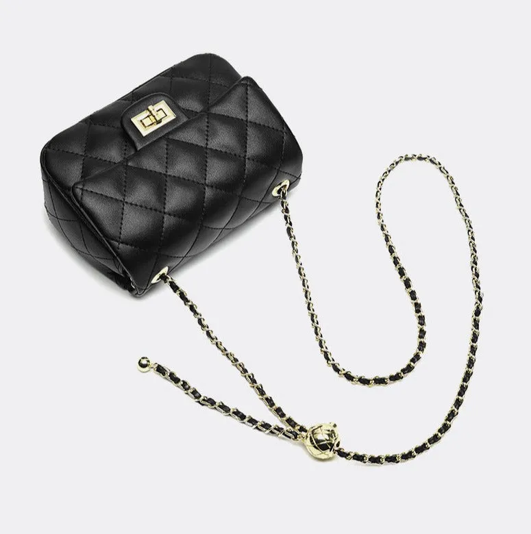 Genuine Leather Black Women Sling Bag  small fragrant style rhombus chain bag single shoulder crossbody bag