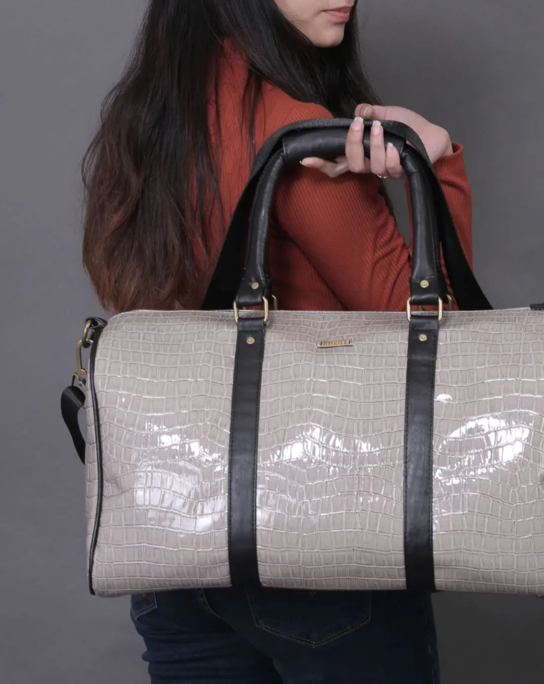 Grey Croc Print and Black Duffel / Luggage Bag