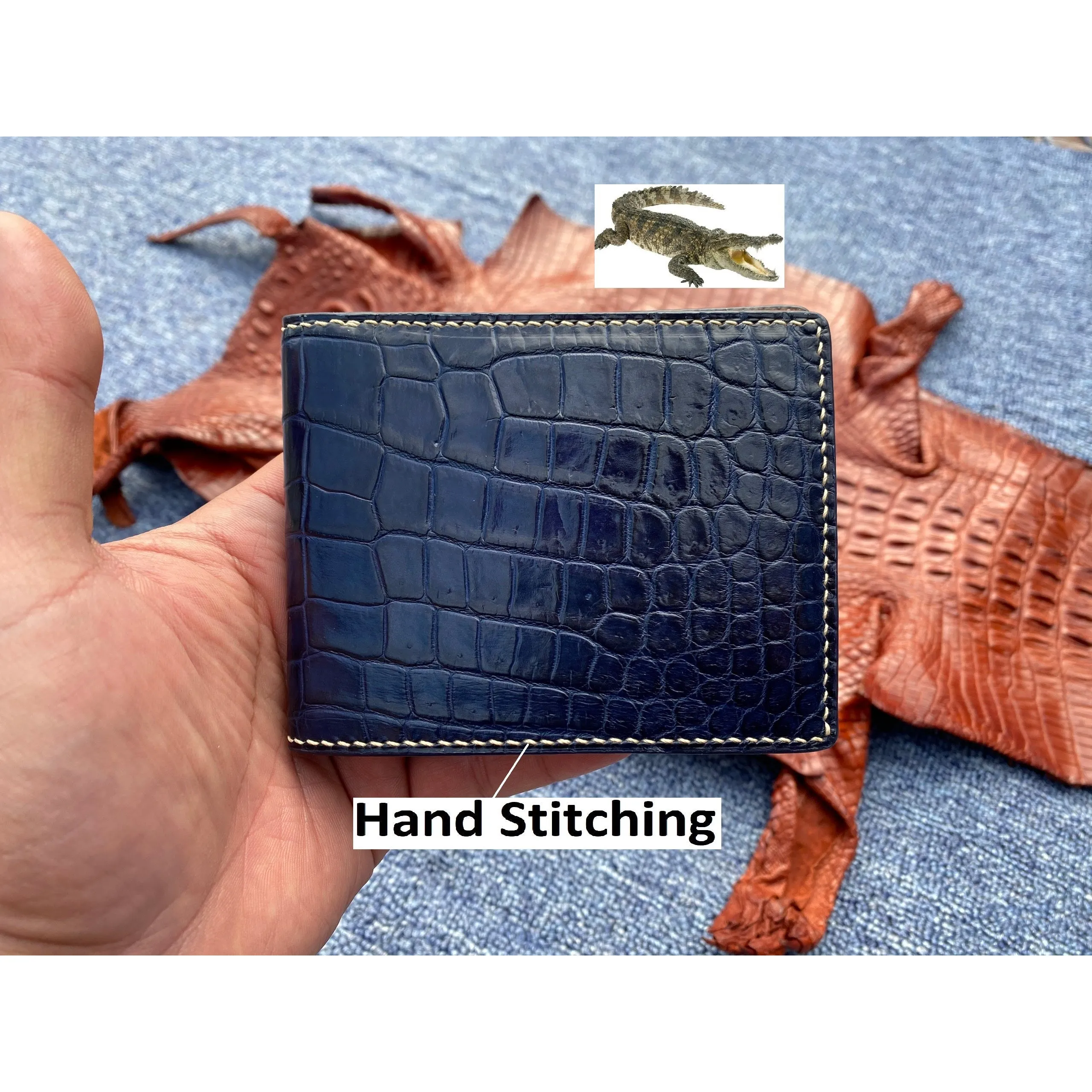 Hand-stitched Navy Blue Alligator Leather Double Side Wallet For Men |RFID Blocking | Coin Pocket | VINAM-92