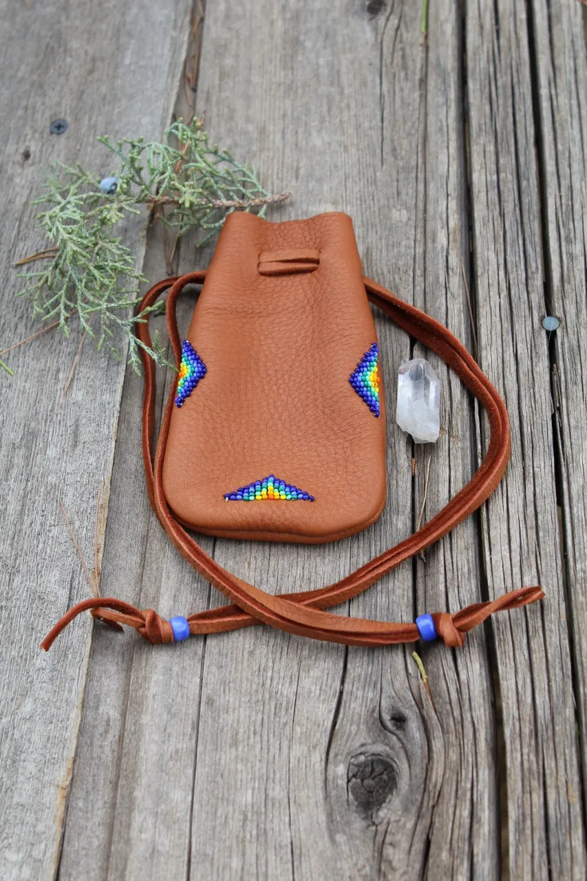 Large leather medicine bag, beaded buckskin bag