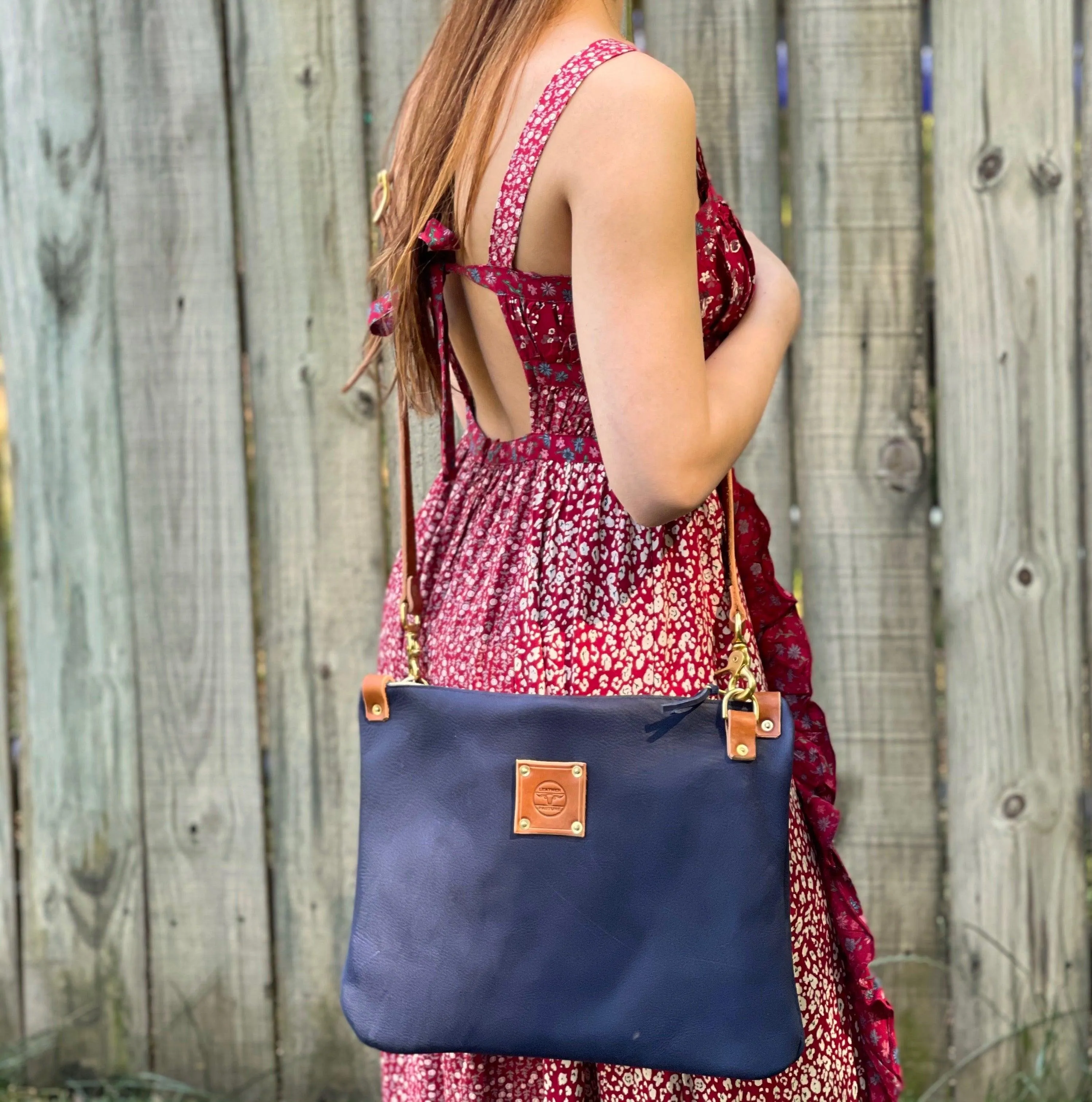 Leather Messenger Bag in Navy