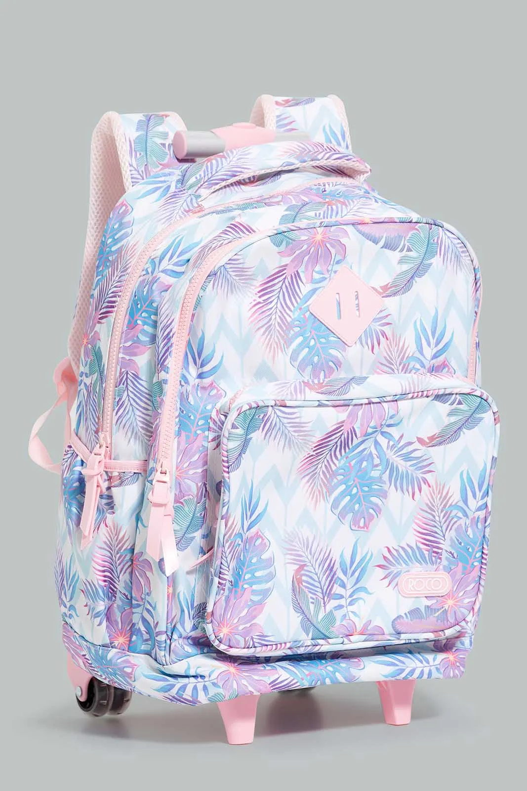 Pink And White Leaf Print Trolley Bag With Pencil Case (2 Piece)