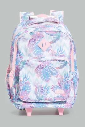 Pink And White Leaf Print Trolley Bag With Pencil Case (2 Piece)