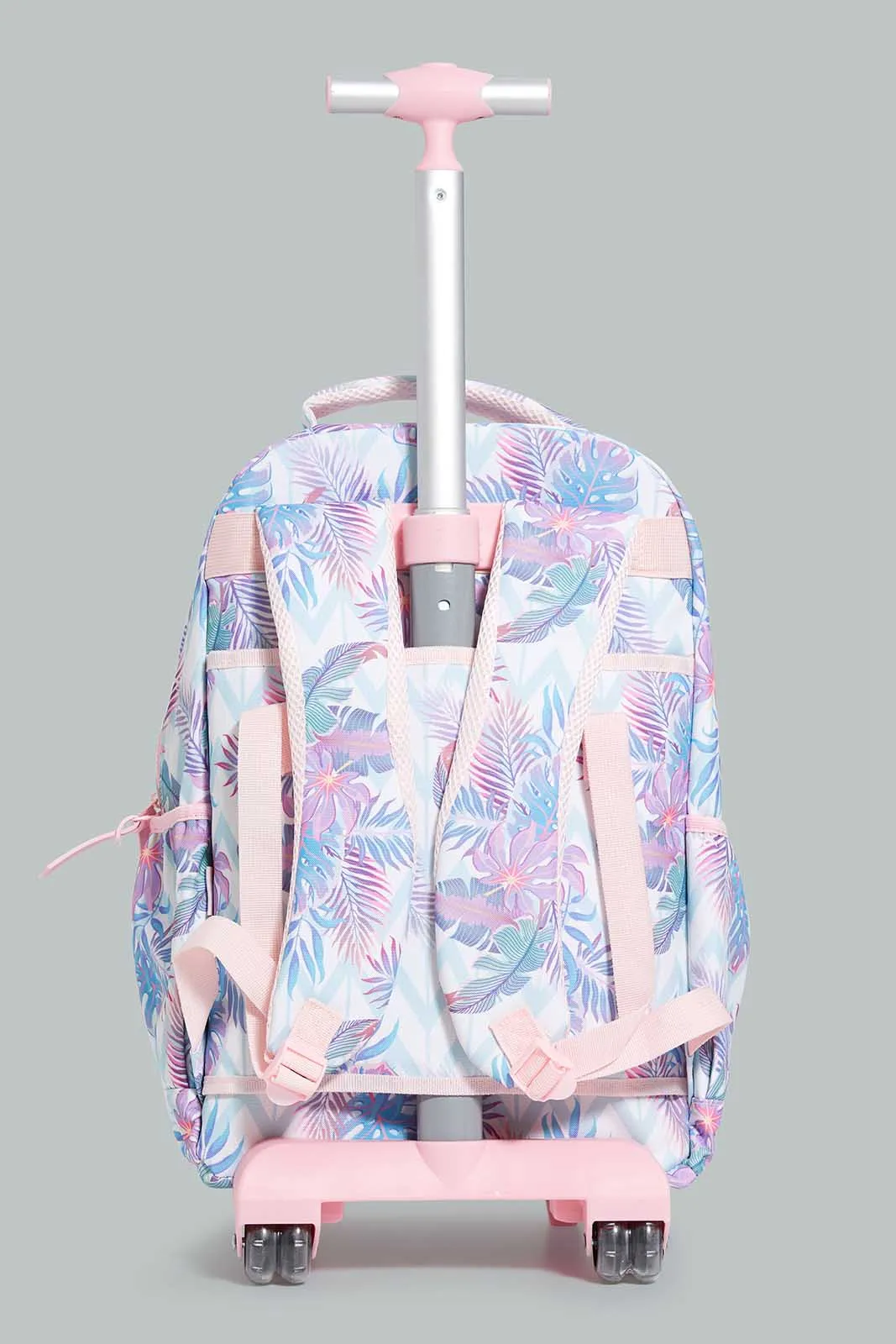 Pink And White Leaf Print Trolley Bag With Pencil Case (2 Piece)