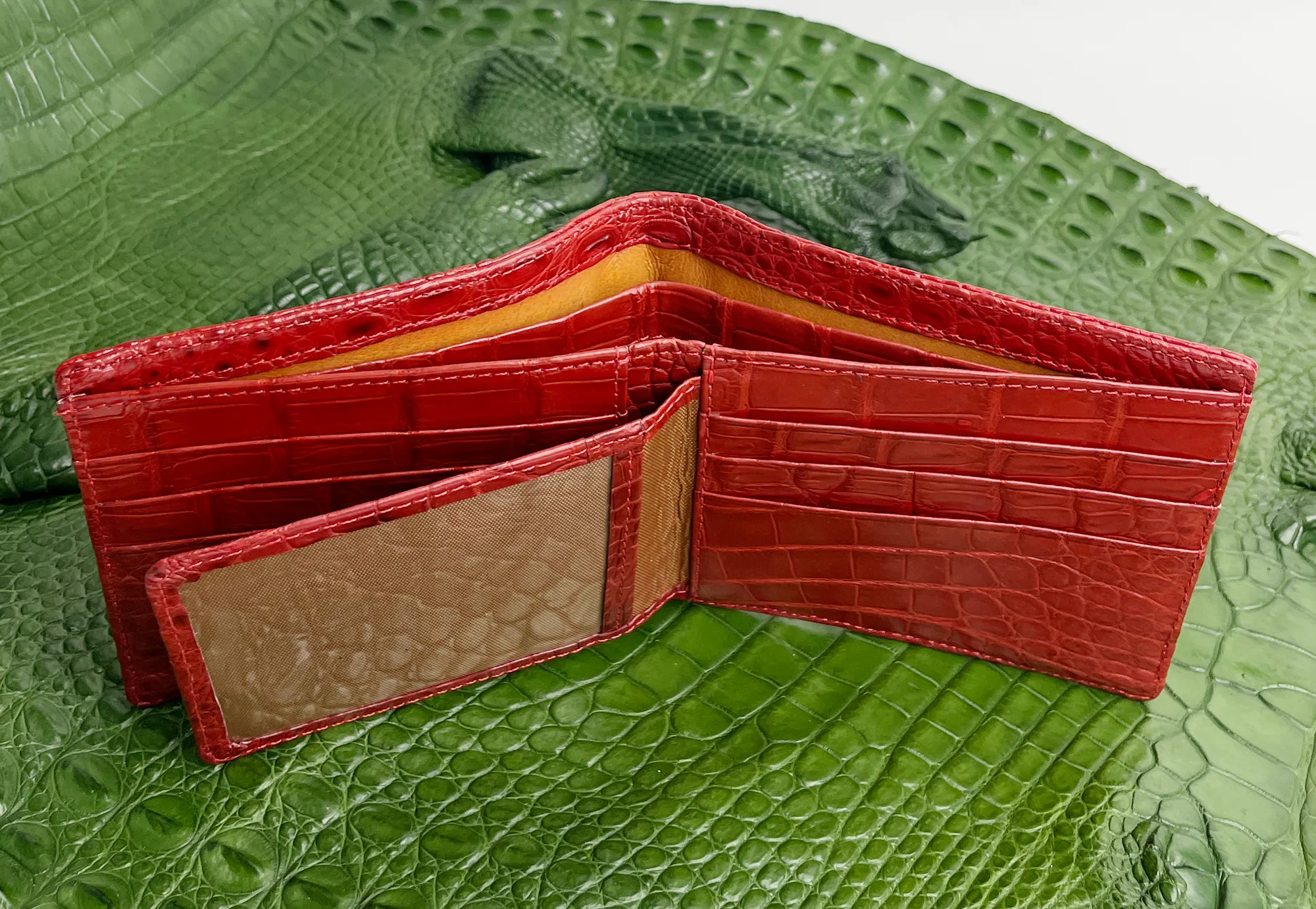 Red Double Side Alligator Hornback Leather Bifold Wallet For Men | Handmade Crocodile Wallet RFID Blocking | VINAM-102