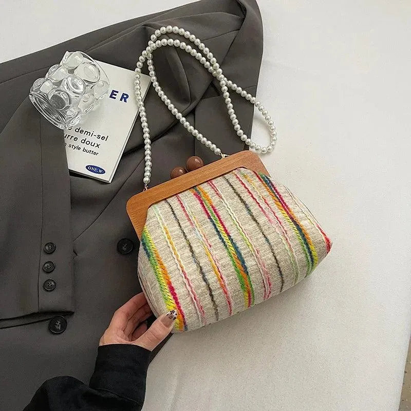 Small Clutches Colorful Striped Wooden Pearl Strap Women's Soft Crossbody Bags