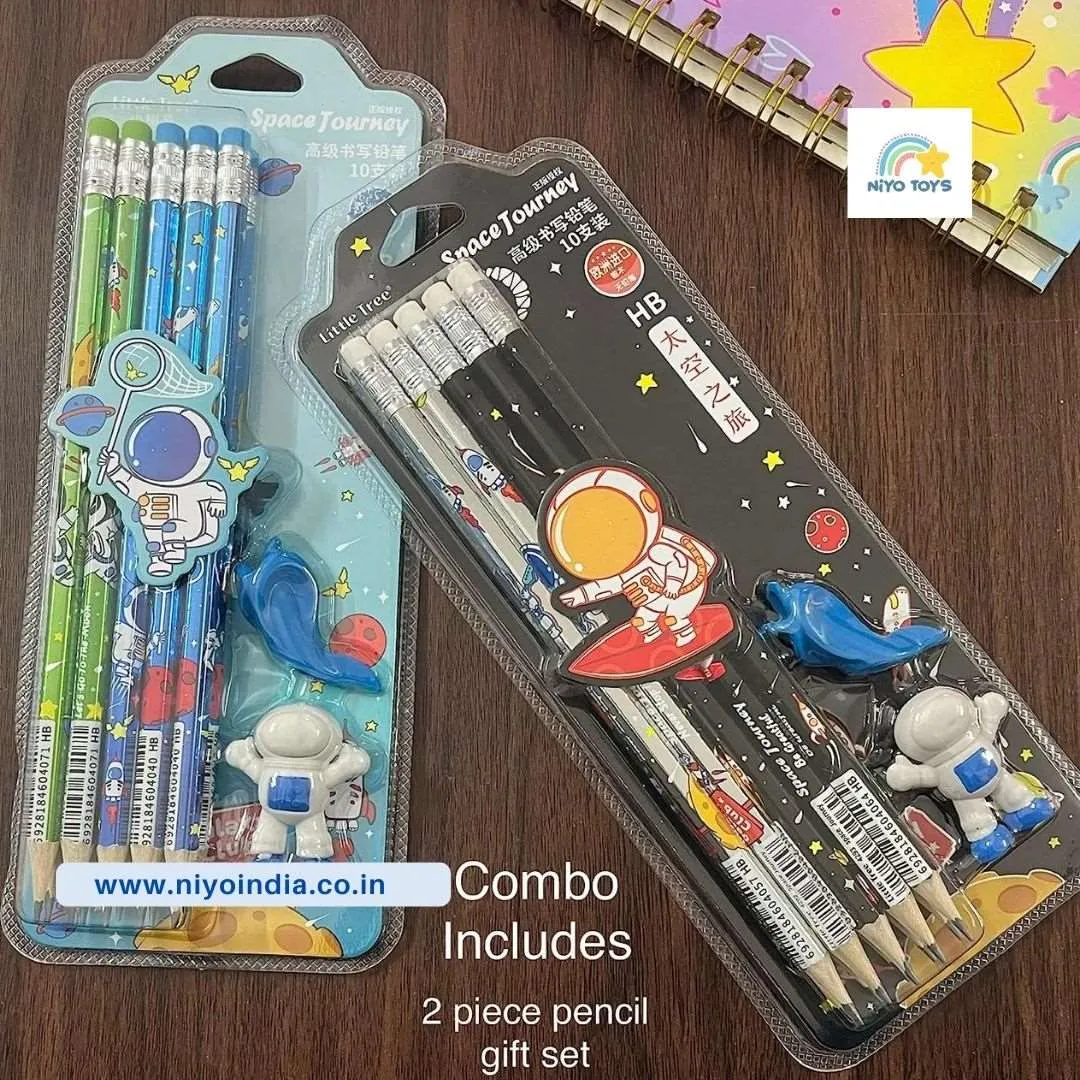 Space Theme Pencil Set with Sharpener, Eraser & Pencil Cap