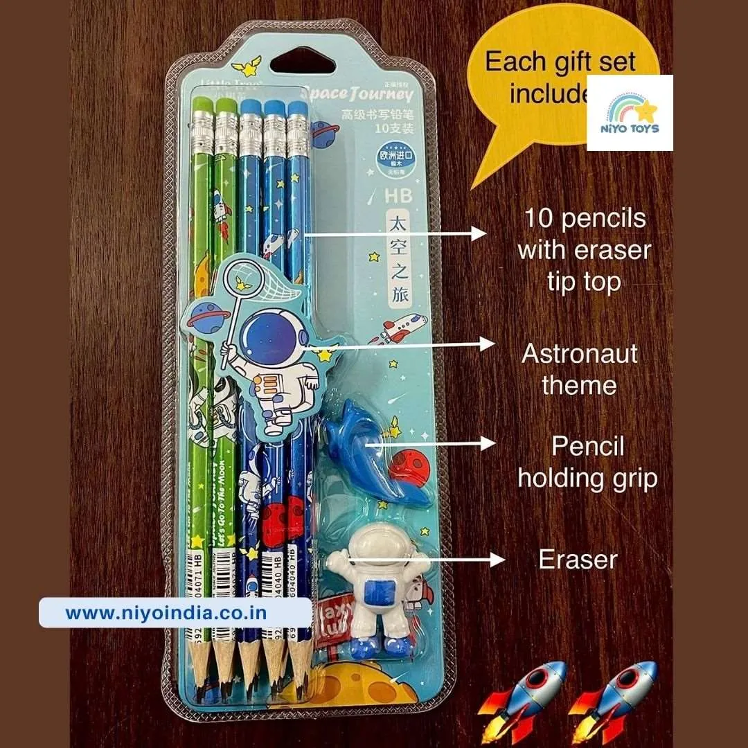 Space Theme Pencil Set with Sharpener, Eraser & Pencil Cap